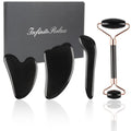 Natural Jade & Obsidian Gua Sha Set of 4 - Premium Face Sculpting Tools Eyes Roller Massager Jade Roller for Jawline, Double Chin Reduction & Lymphatic Drainage Women'S Anti-Aging Skincare Kit